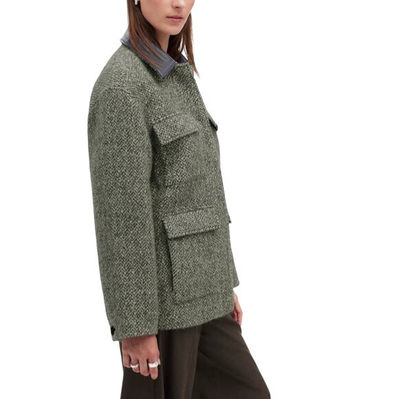 Madewell Wm's Leather Collar Flap Pocket Field Jacket Grey Tweed NWT MSRP $378 - Picture 3 of 5